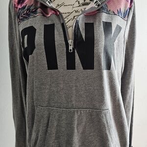 PINK Victoria's Secret Gray and Pink Juniors 1 /4 Zip Hoodie With Flower Print
